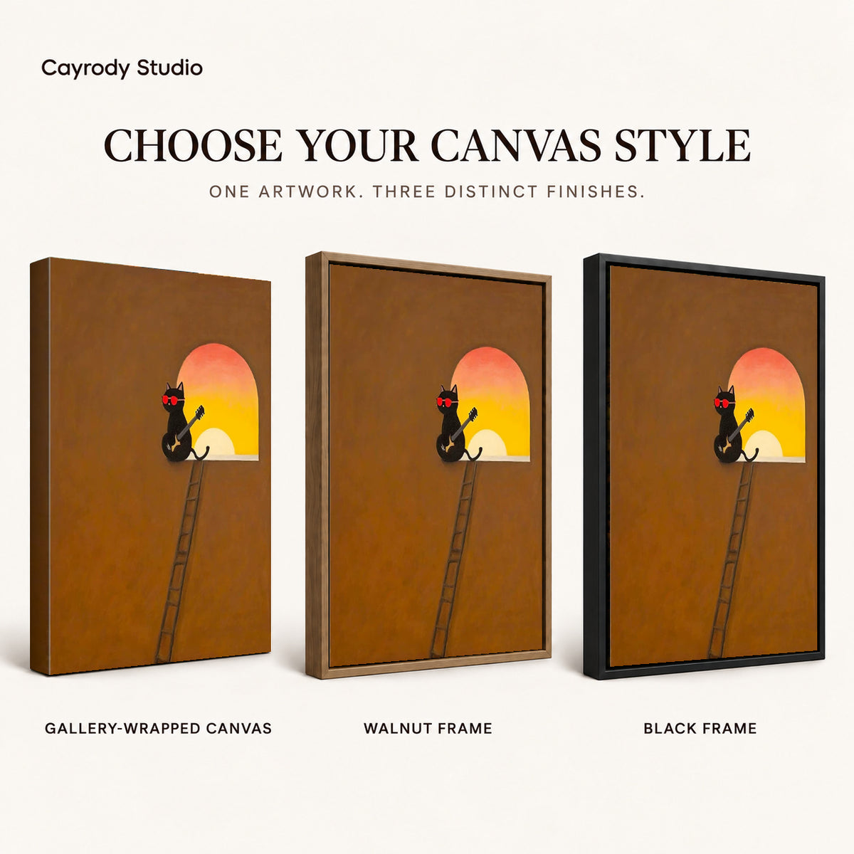 Musician cat canvas art finish chart showing gallery wrapped canvas, walnut frame, and black frame options.