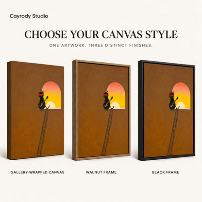 Musician cat canvas art finish chart showing gallery wrapped canvas, walnut frame, and black frame options.