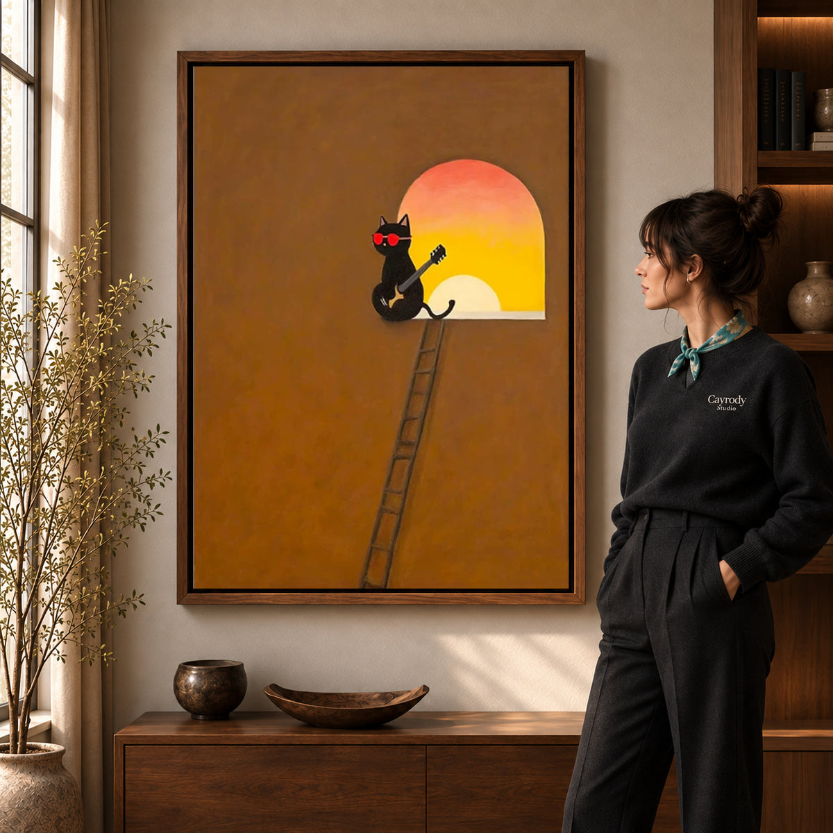 Walnut framed musician cat canvas art room scene assigned to all six walnut framed canvas sizes.