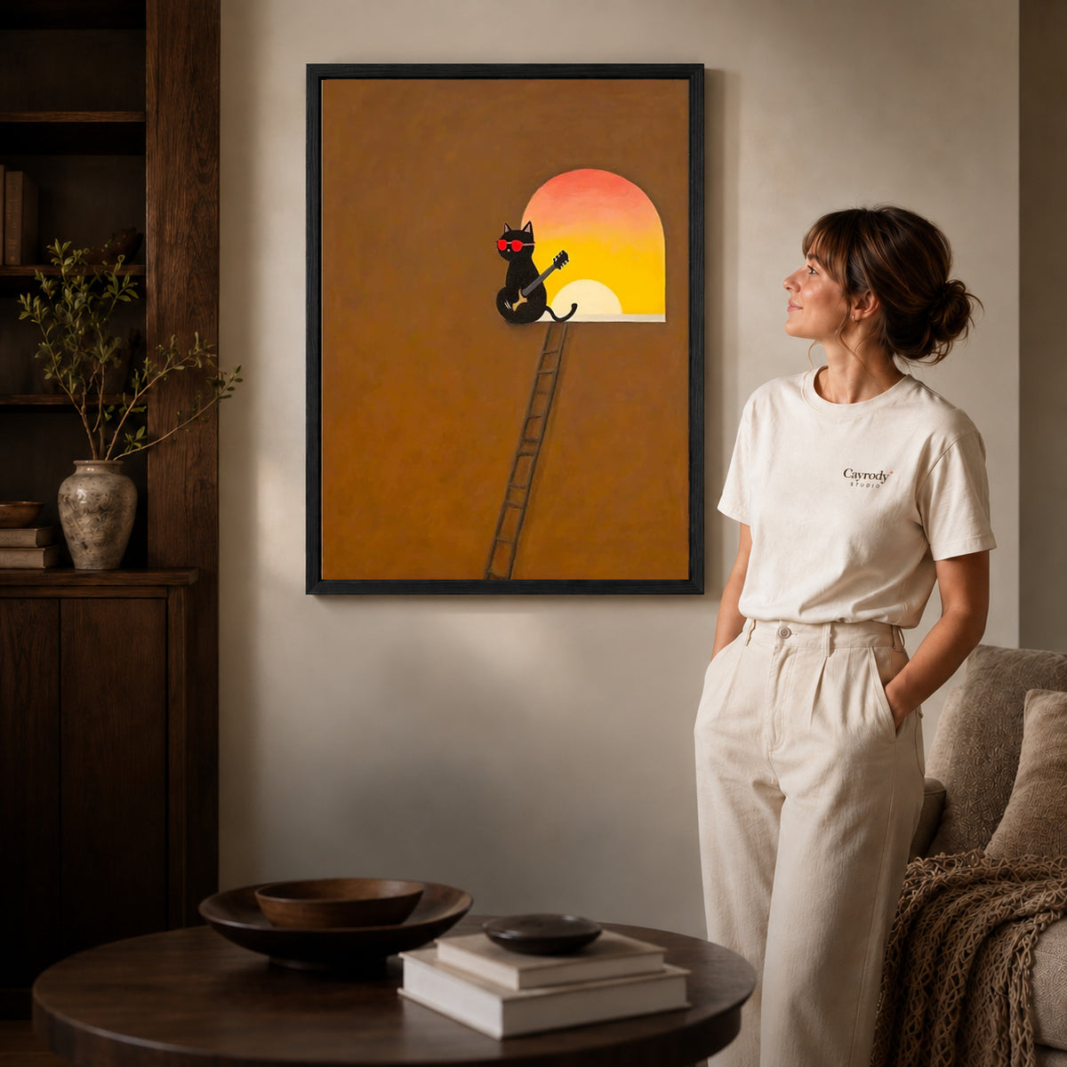Black framed musician cat canvas art room scene assigned to all six black framed canvas sizes.