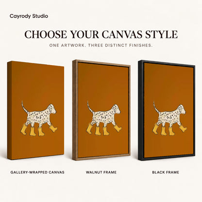 Rain boot dalmatian canvas art finish chart showing gallery wrapped canvas, walnut frame, and black frame options.