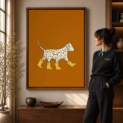 Walnut framed rain boot dalmatian canvas art room scene assigned to all six walnut framed canvas sizes.