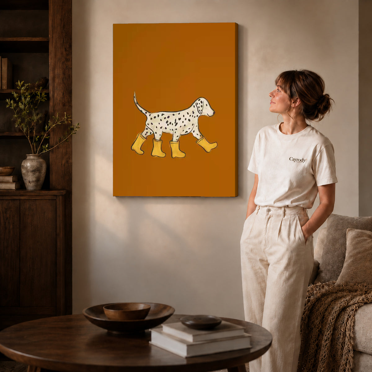 Gallery wrapped rain boot dalmatian canvas art room scene assigned to all six unframed wrapped canvas sizes.
