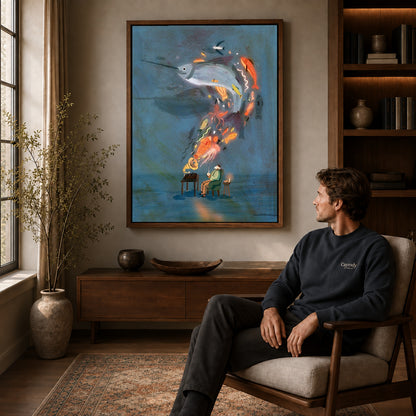 Walnut framed ocean music dream canvas art displayed above a seated man in a wood furnished room.