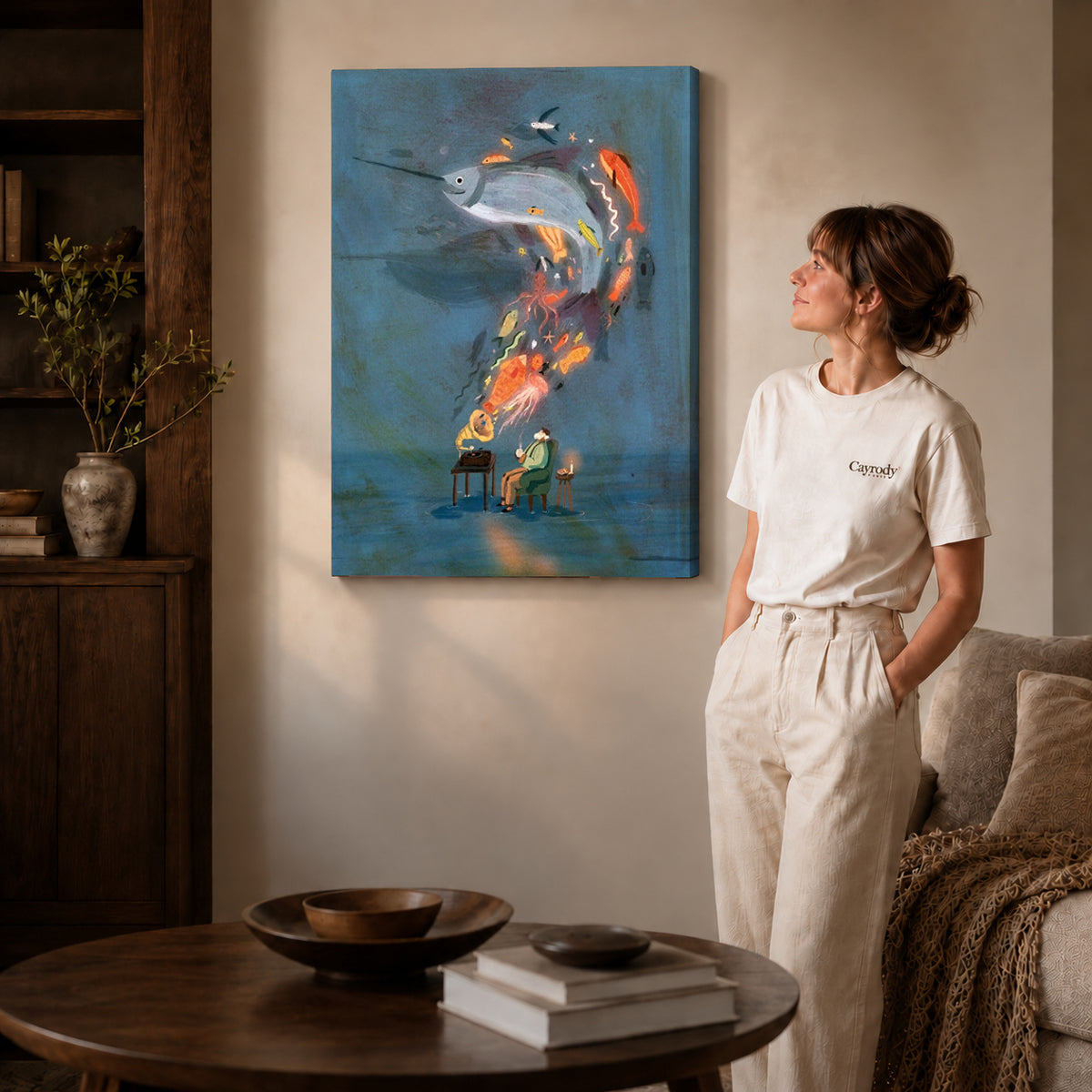 Gallery wrapped ocean music dream canvas art with naturally shaded canvas edges beside a woman wearing cream clothing.