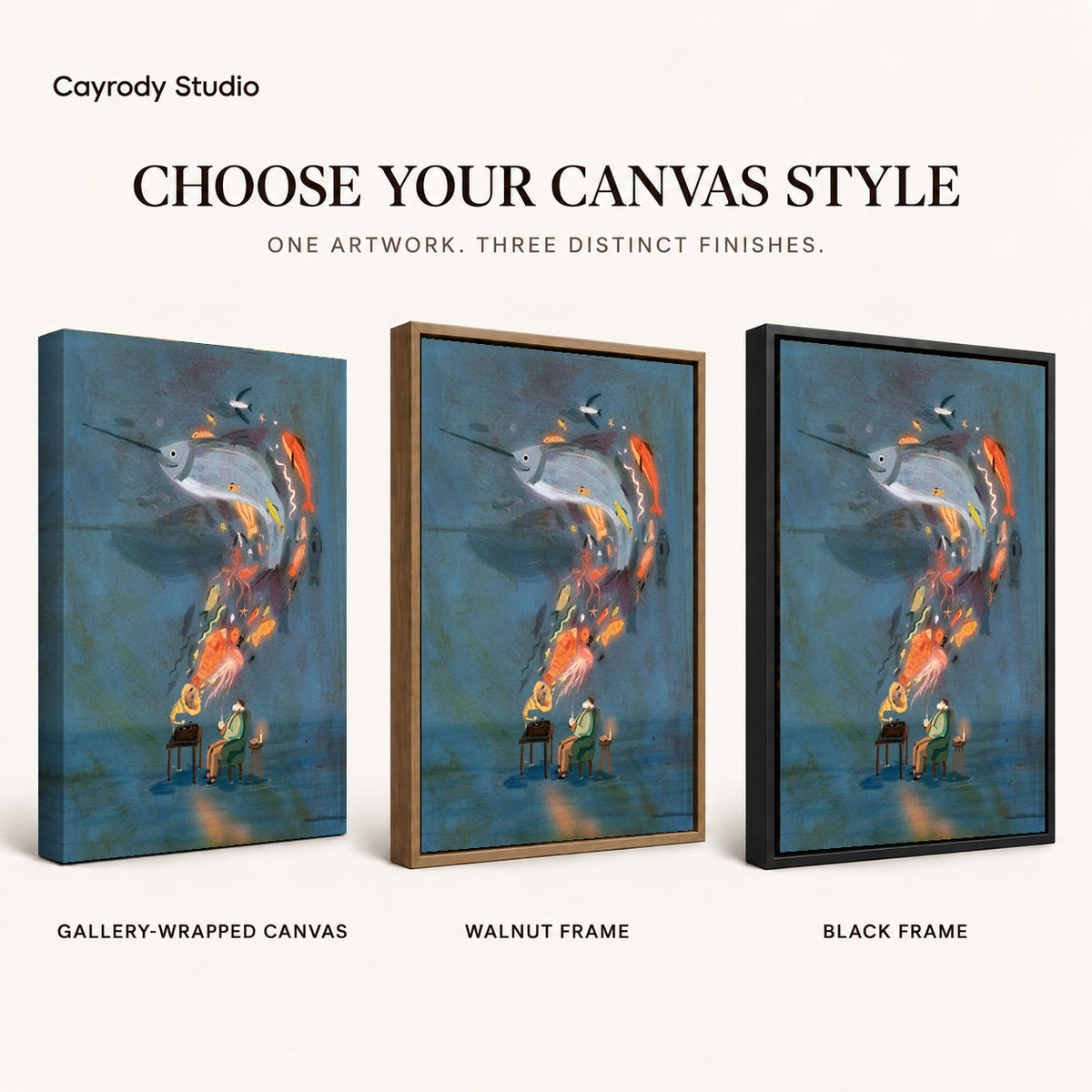 Ocean music dream canvas art finish chart showing gallery wrapped canvas, walnut frame, and black frame options.