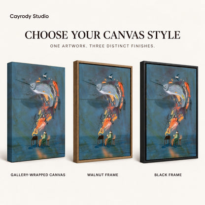 Ocean music dream canvas art finish chart showing gallery wrapped canvas, walnut frame, and black frame options.