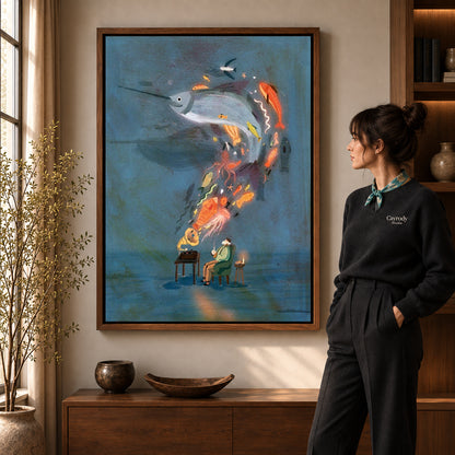Walnut framed ocean music dream canvas art room scene assigned to all six walnut framed canvas sizes.
