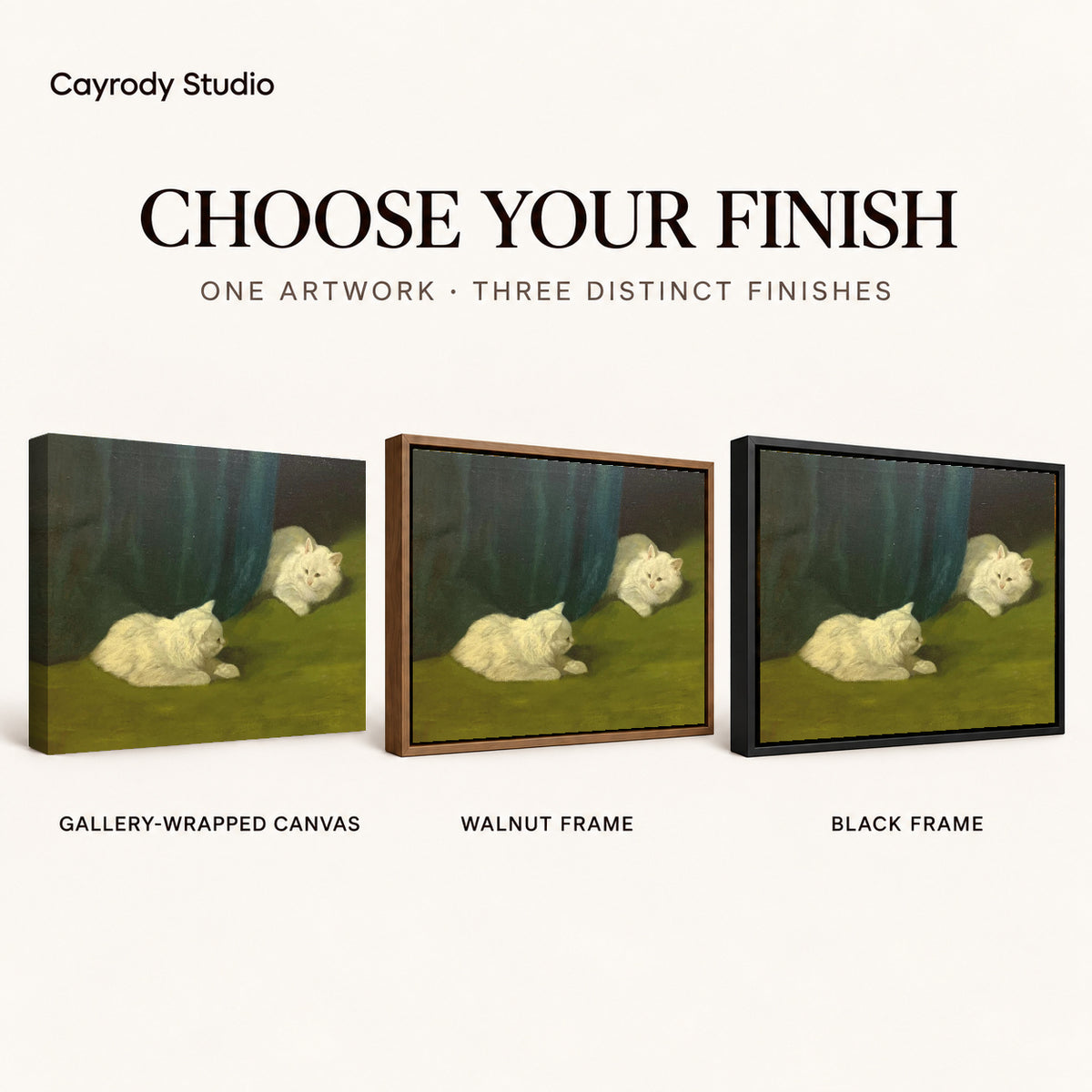 Quiet white cats canvas art finish chart showing gallery wrapped canvas, walnut frame, and black frame options.