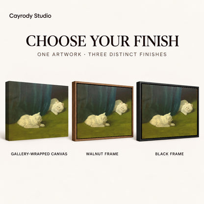 Quiet white cats canvas art finish chart showing gallery wrapped canvas, walnut frame, and black frame options.