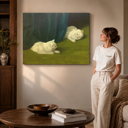 Gallery wrapped quiet white cats canvas art room scene assigned to all six unframed wrapped canvas sizes.