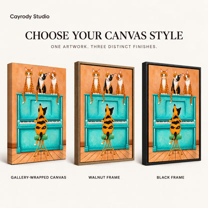 Cat piano quartet canvas art finish chart showing gallery wrapped canvas, walnut frame, and black frame options.