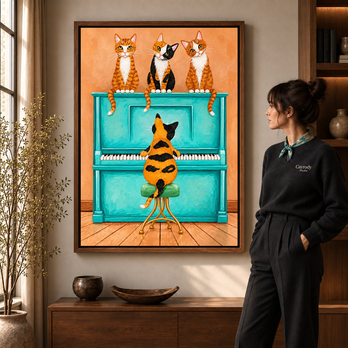 Walnut framed cat piano quartet canvas art room scene assigned to all six walnut framed canvas sizes.