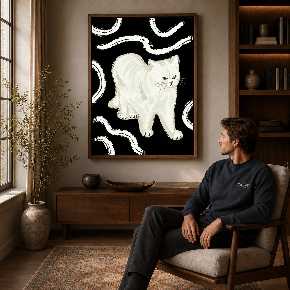 Walnut framed grumpy white cat artwork above a seated man in a wood furnished living room.