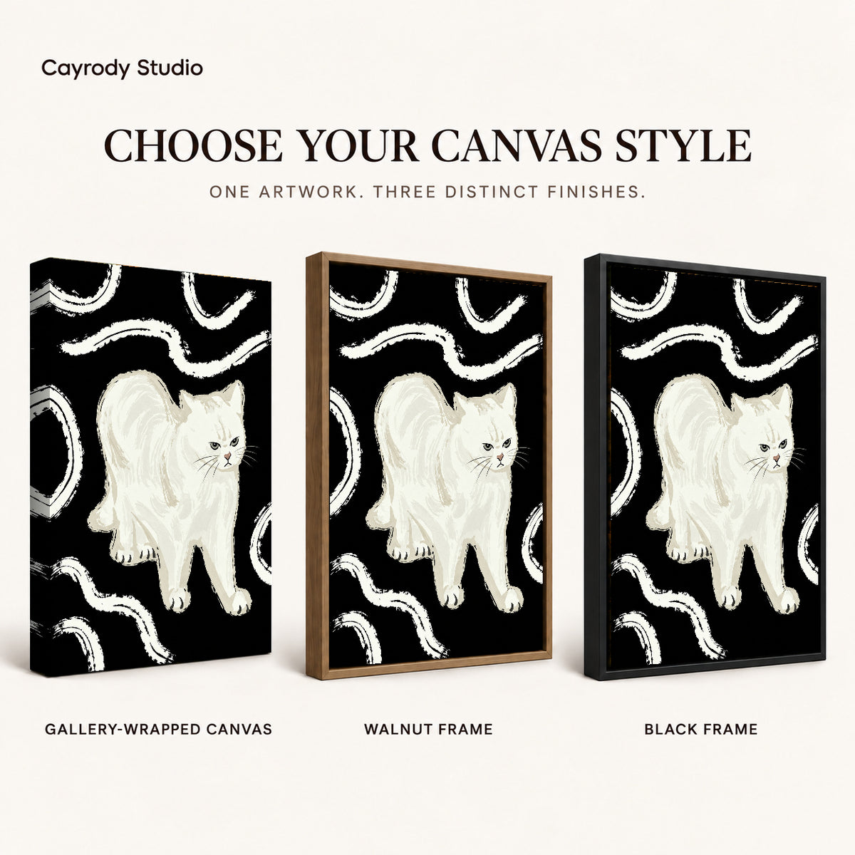Grumpy White Cat artwork finish chart showing gallery wrapped canvas, walnut frame, and black frame options.
