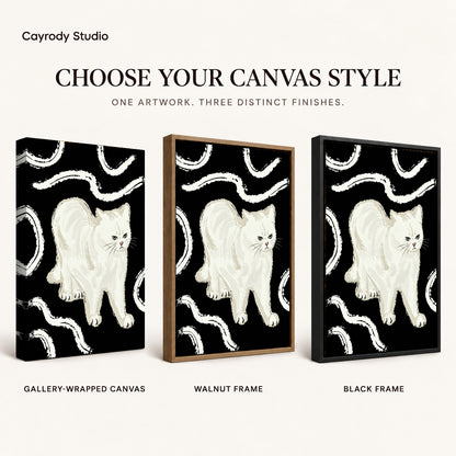 Grumpy White Cat artwork finish chart showing gallery wrapped canvas, walnut frame, and black frame options.