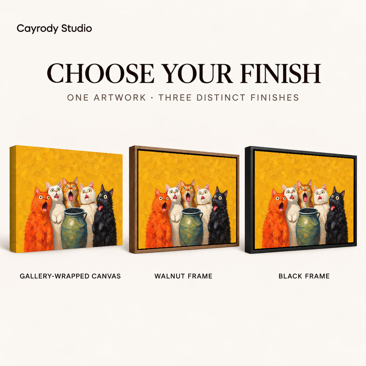 Surprised Cat Quintet artwork finish chart showing gallery wrapped canvas, walnut frame, and black frame options.