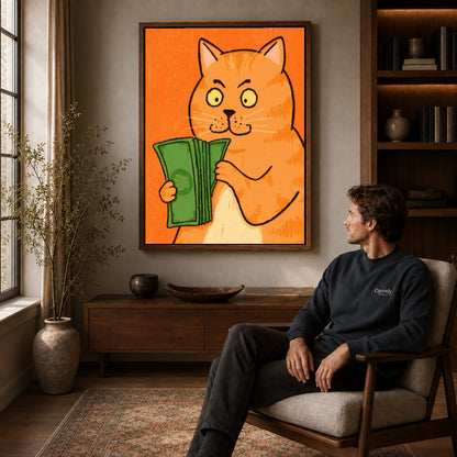 Walnut framed money cat portrait canvas art displayed above a seated man in a wood furnished room.