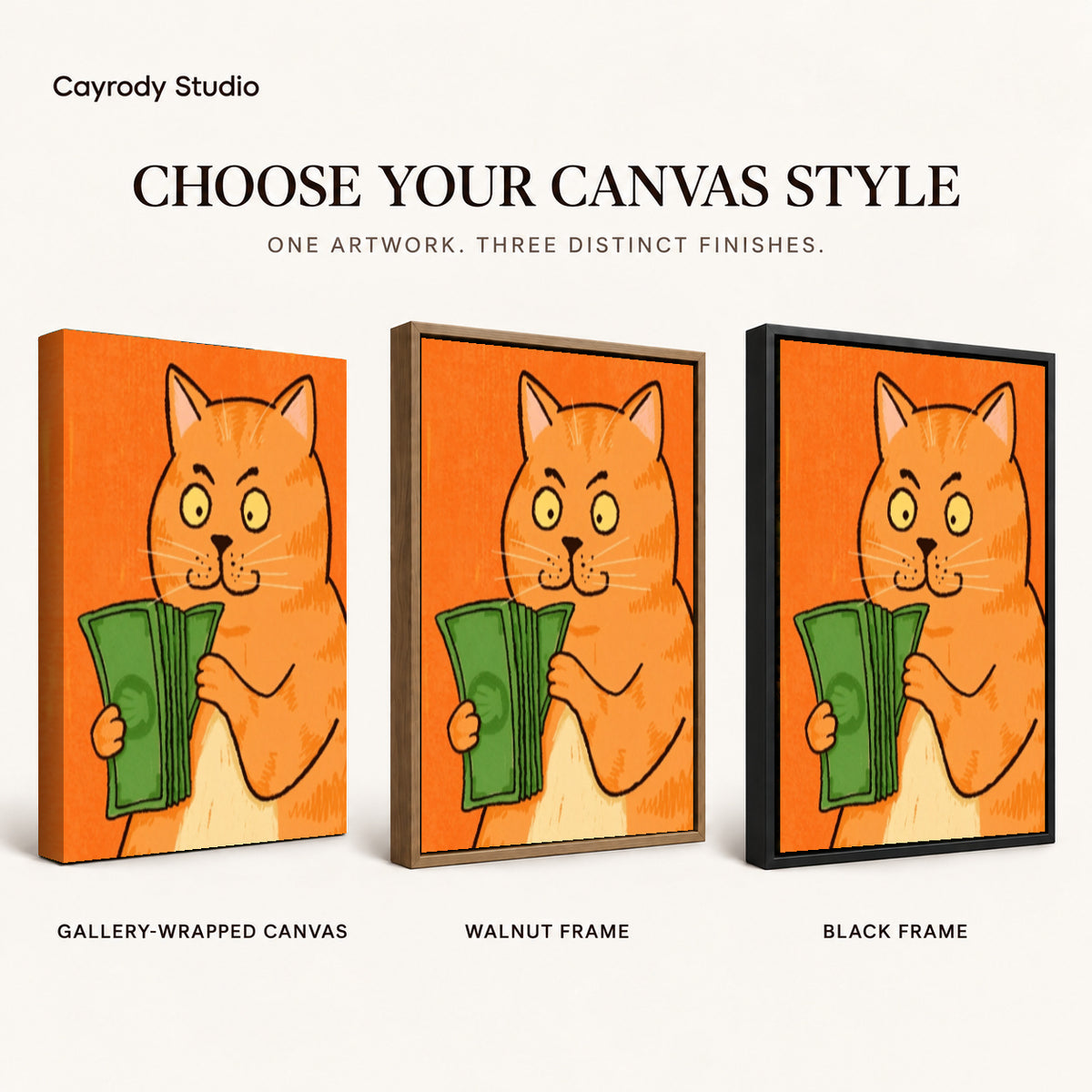 Money cat portrait canvas art finish chart showing gallery wrapped canvas, walnut frame, and black frame options.