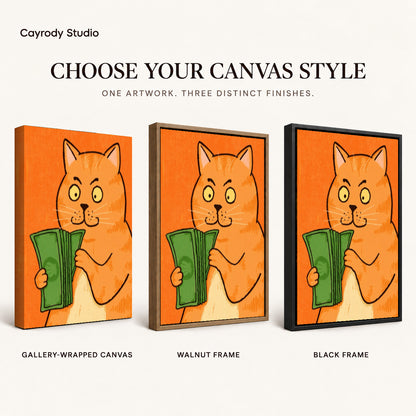 Money cat portrait canvas art finish chart showing gallery wrapped canvas, walnut frame, and black frame options.