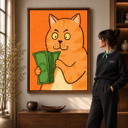 Walnut framed money cat portrait canvas art room scene assigned to all six walnut framed canvas sizes.