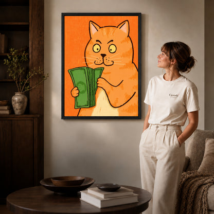 Black framed money cat portrait canvas art room scene assigned to all six black framed canvas sizes.