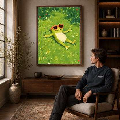 Walnut framed relaxed sunny frog canvas art displayed above a seated man in a wood furnished room.