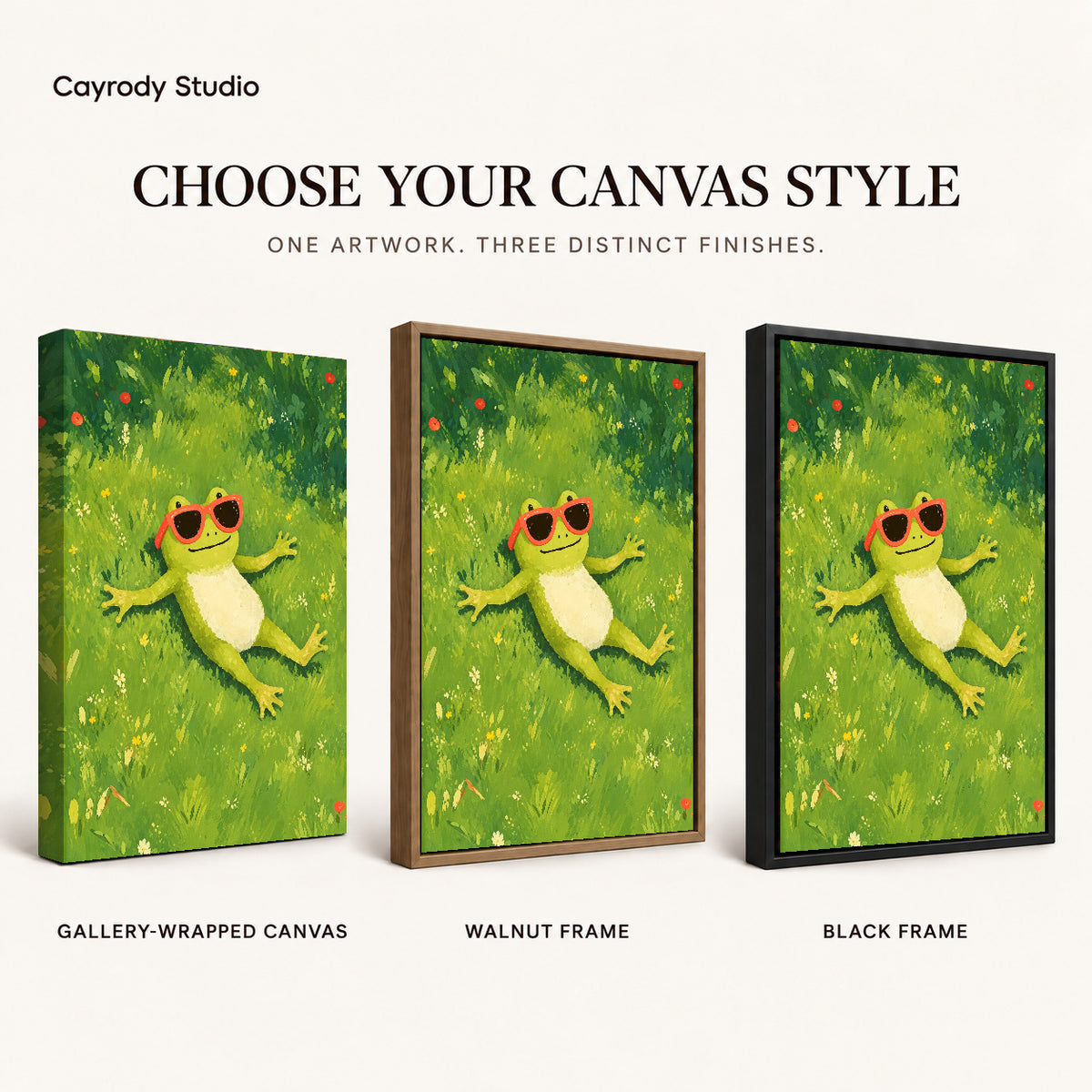 Relaxed sunny frog canvas art finish chart showing gallery wrapped canvas, walnut frame, and black frame options.