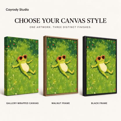 Relaxed sunny frog canvas art finish chart showing gallery wrapped canvas, walnut frame, and black frame options.