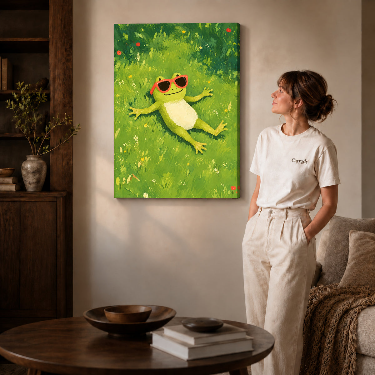 Gallery wrapped relaxed sunny frog canvas art room scene assigned to all six unframed wrapped canvas sizes.