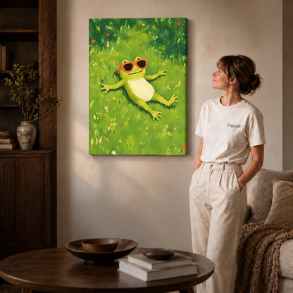 Gallery wrapped relaxed sunny frog canvas art room scene assigned to all six unframed wrapped canvas sizes.