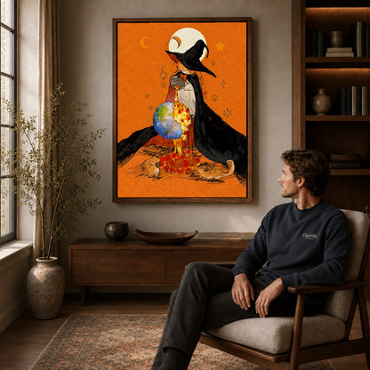 Walnut framed autumn globe witch artwork above a seated man in a wood furnished living room.