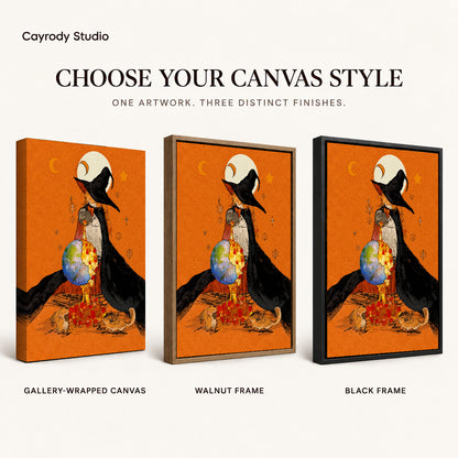 Autumn Globe Witch artwork finish chart showing gallery wrapped canvas, walnut frame, and black frame options.