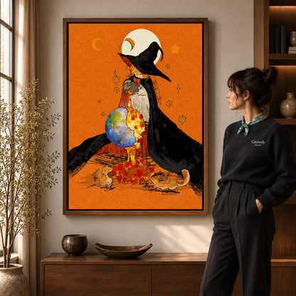 Walnut framed autumn globe witch artwork scene assigned to all six walnut framed canvas sizes.