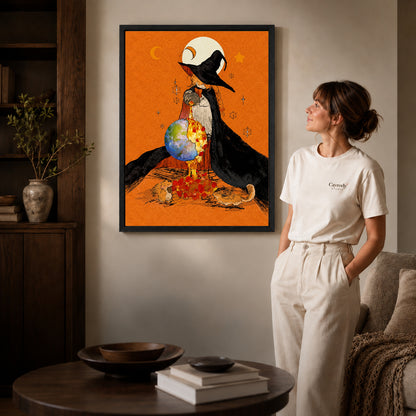 Black framed autumn globe witch artwork scene assigned to all six black framed canvas sizes.