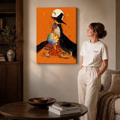 Gallery wrapped autumn globe witch artwork scene assigned to all six unframed wrapped canvas sizes.