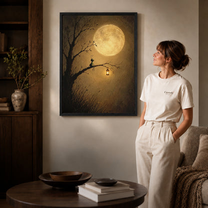 Black framed moonlit insect lantern canvas art displayed beside a woman in a warm neutral living room.