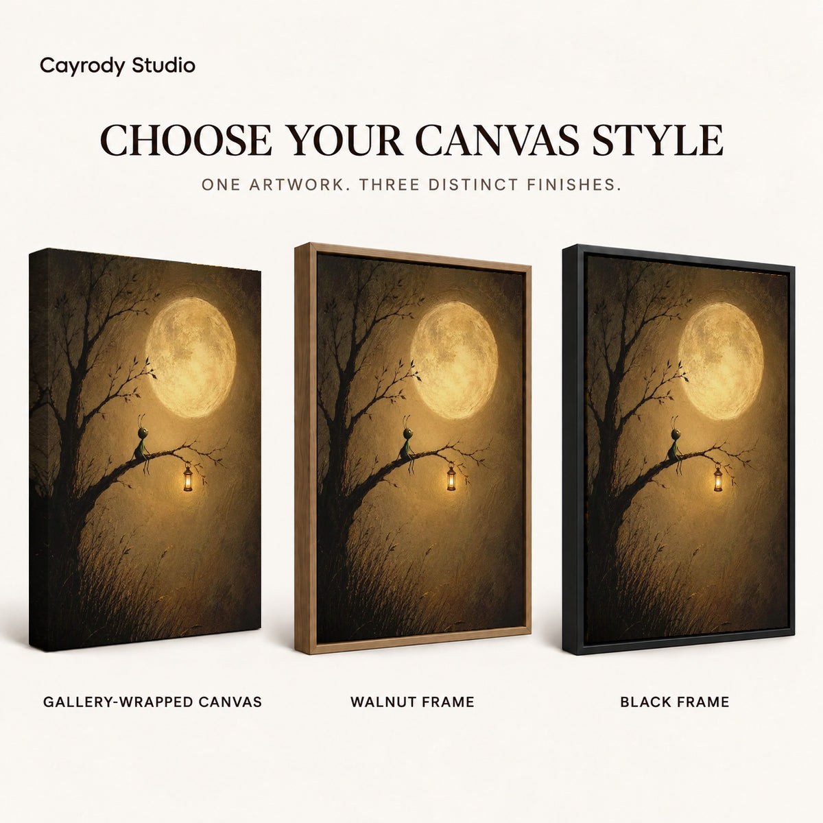 Moonlit insect lantern canvas art finish chart showing gallery wrapped canvas, walnut frame, and black frame options.