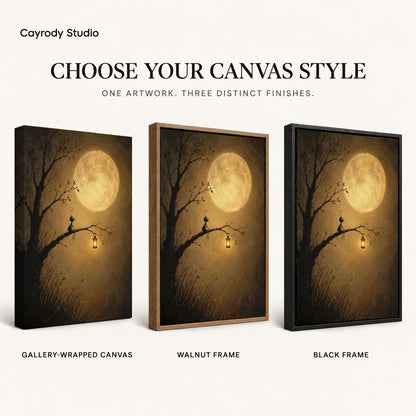 Moonlit insect lantern canvas art finish chart showing gallery wrapped canvas, walnut frame, and black frame options.