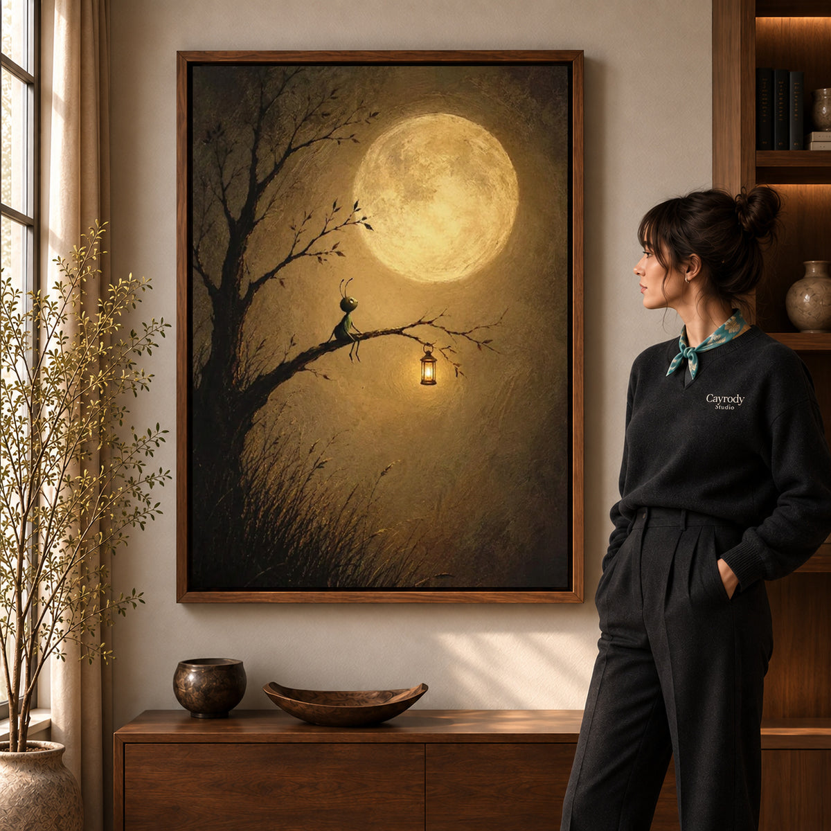 Walnut framed moonlit insect lantern canvas art room scene assigned to all six walnut framed canvas sizes.