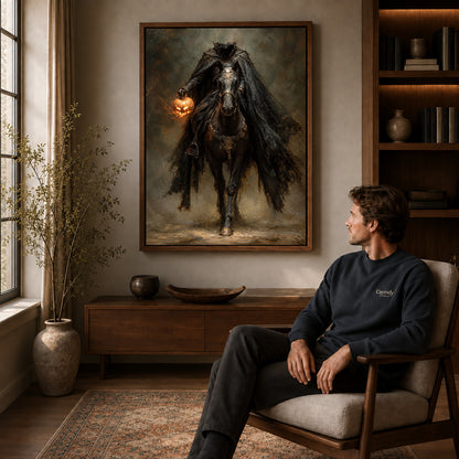 Walnut framed headless pumpkin rider artwork above a seated man in a wood furnished living room.