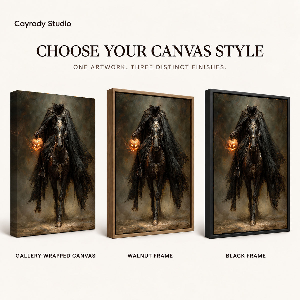 Headless Pumpkin Rider artwork finish chart showing gallery wrapped canvas, walnut frame, and black frame options.