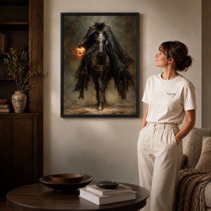 Black framed headless pumpkin rider artwork scene assigned to all six black framed canvas sizes.