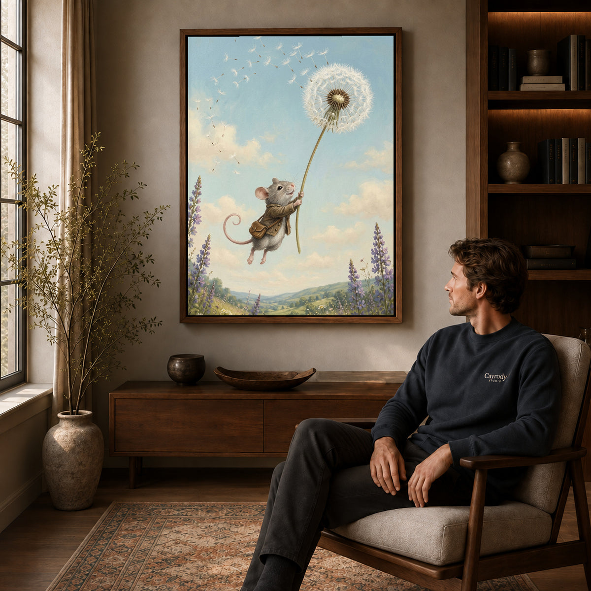 Walnut framed dandelion mouse ride canvas art displayed above a seated man in a wood furnished room.