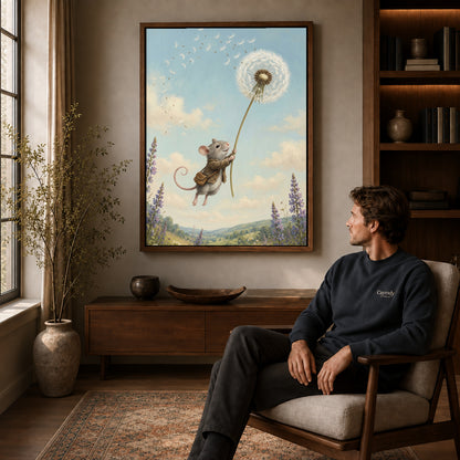 Walnut framed dandelion mouse ride canvas art displayed above a seated man in a wood furnished room.