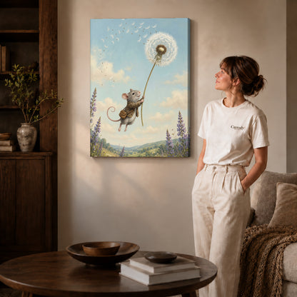 Gallery wrapped dandelion mouse ride canvas art with naturally shaded canvas edges beside a woman wearing cream clothing.