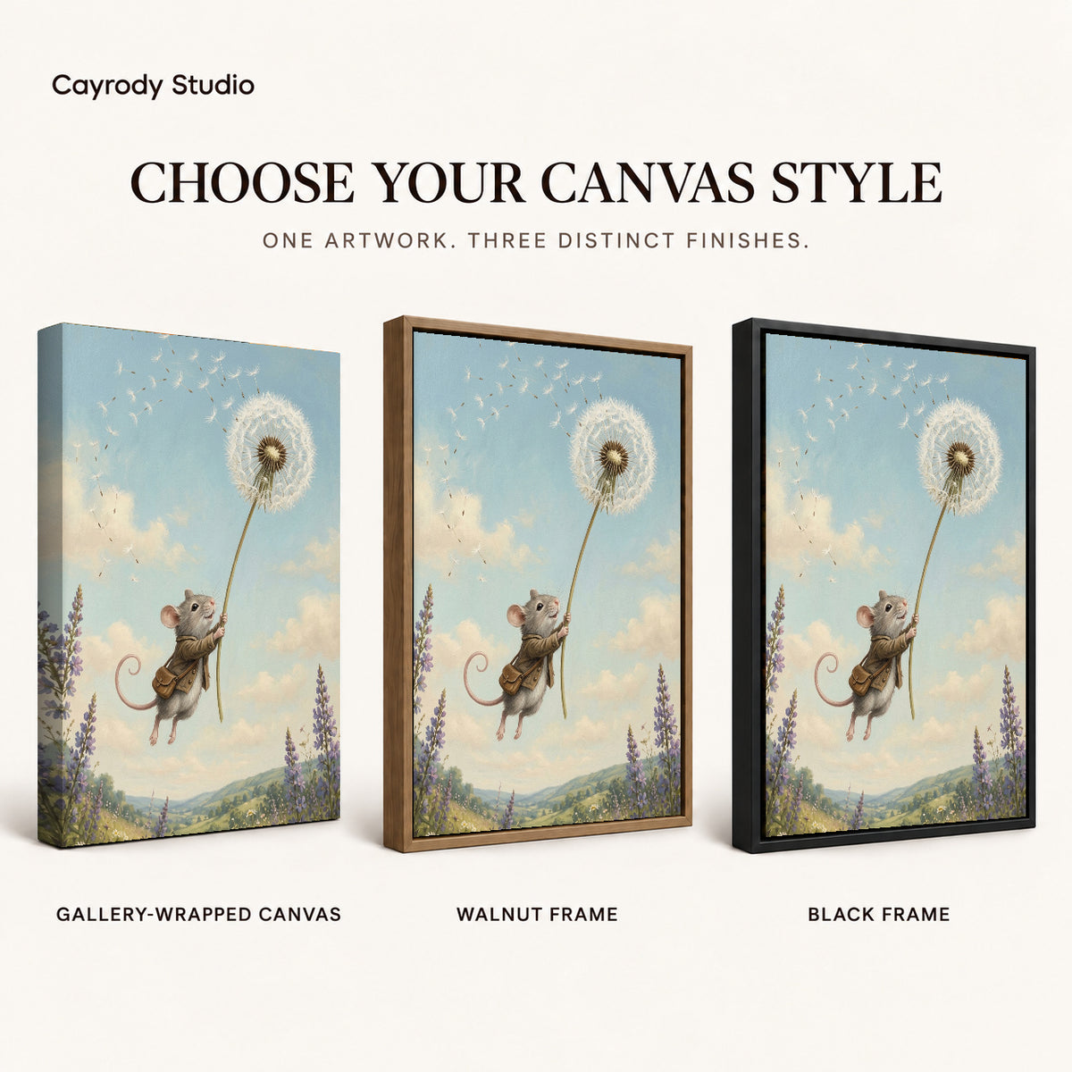 Dandelion mouse ride canvas art finish chart showing gallery wrapped canvas, walnut frame, and black frame options.