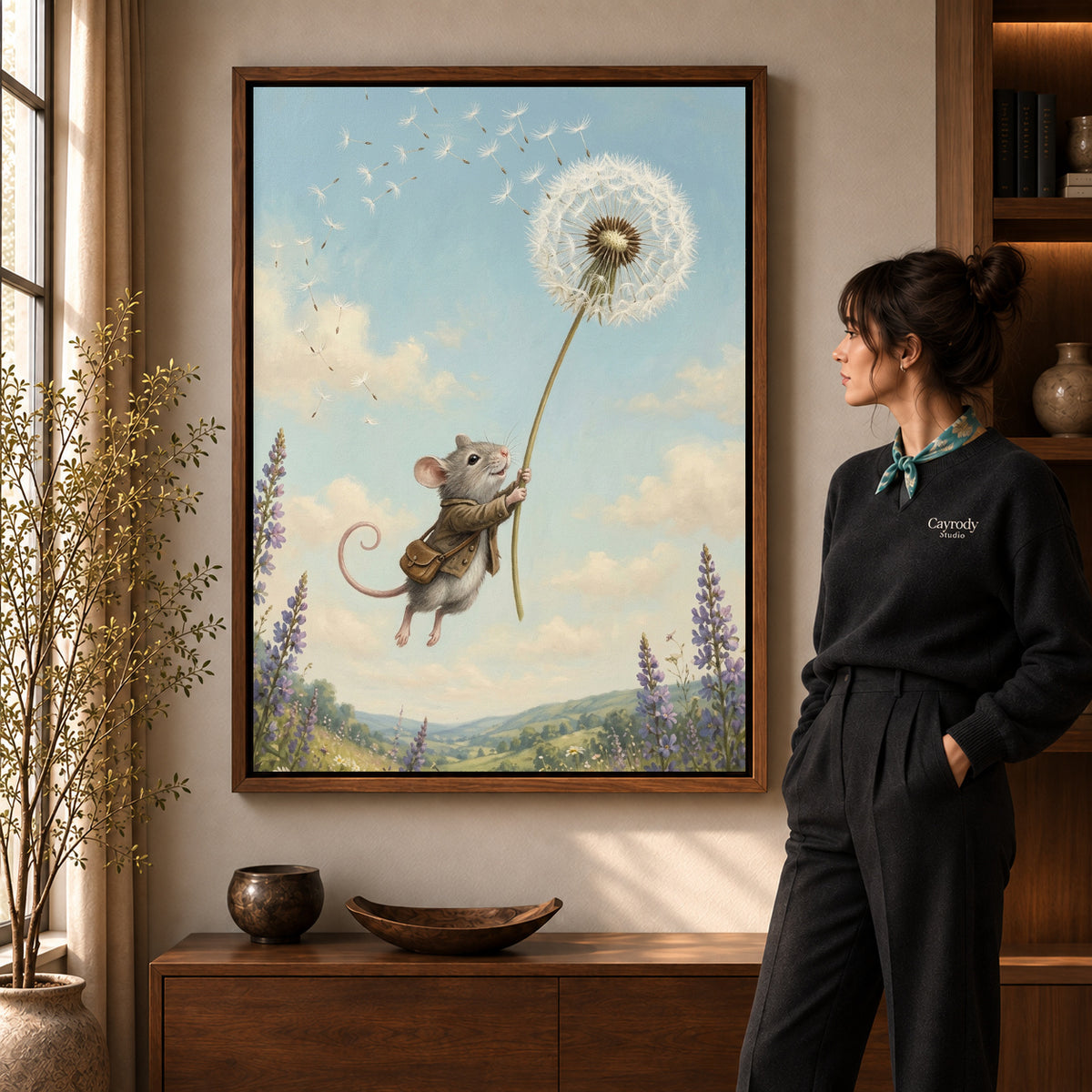 Walnut framed dandelion mouse ride canvas art room scene assigned to all six walnut framed canvas sizes.