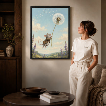 Black framed dandelion mouse ride canvas art room scene assigned to all six black framed canvas sizes.