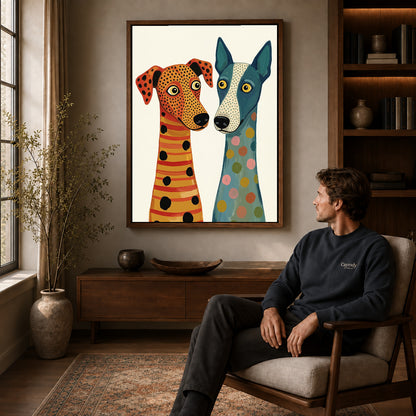 Walnut framed patterned dog duo canvas art displayed above a seated man in a wood furnished room.